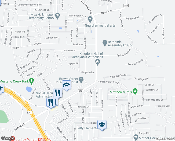 map of restaurants, bars, coffee shops, grocery stores, and more near 100 Granite Way in Waxahachie