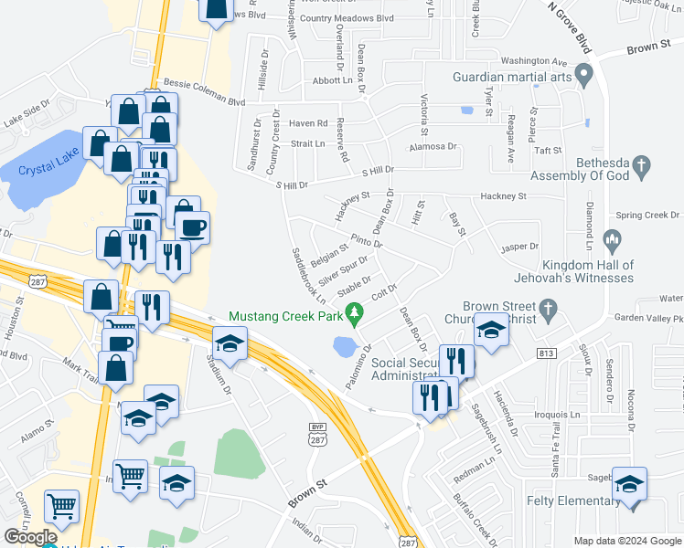 map of restaurants, bars, coffee shops, grocery stores, and more near 214 Silver Spur Drive in Waxahachie
