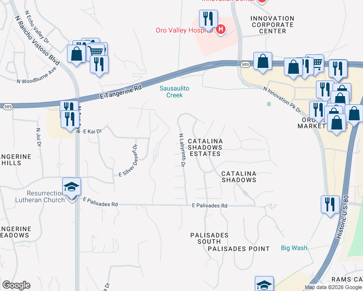 map of restaurants, bars, coffee shops, grocery stores, and more near 1340 East Volans Place in Oro Valley