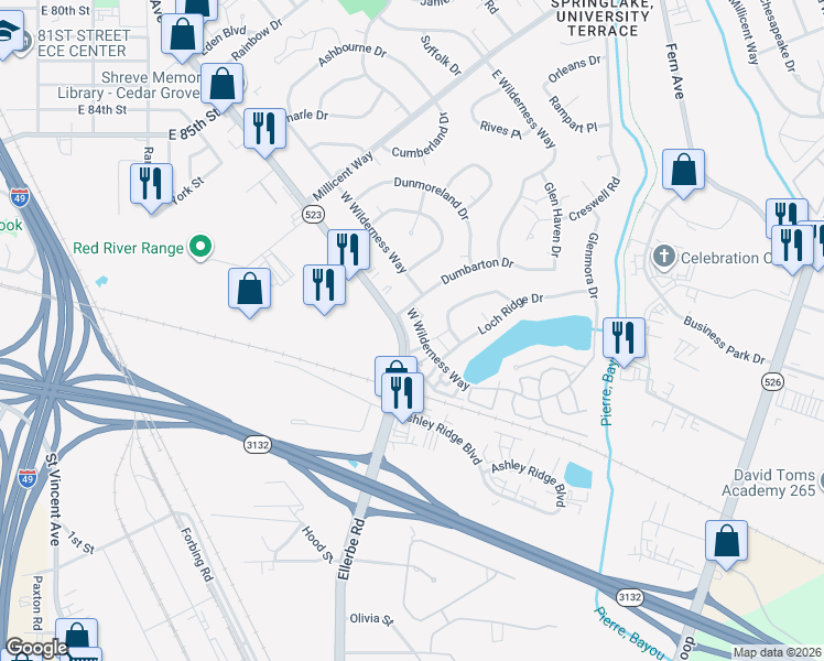 map of restaurants, bars, coffee shops, grocery stores, and more near 8717 West Wilderness Way in Shreveport
