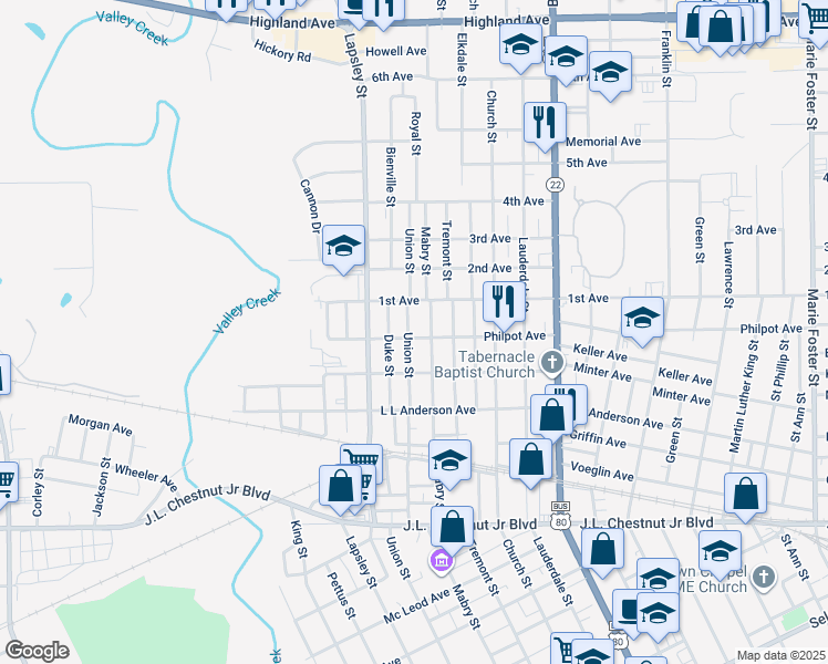 map of restaurants, bars, coffee shops, grocery stores, and more near 1600 Union Street in Selma
