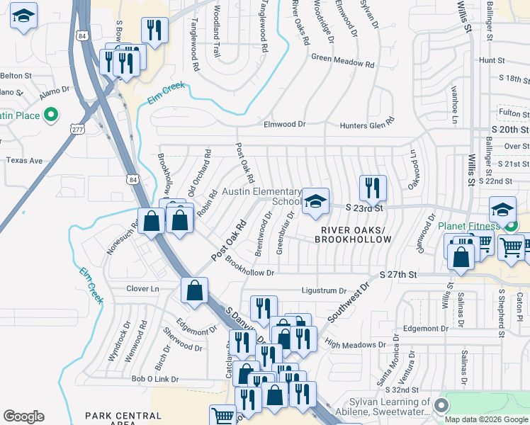 map of restaurants, bars, coffee shops, grocery stores, and more near 2326 Brentwood Drive in Abilene
