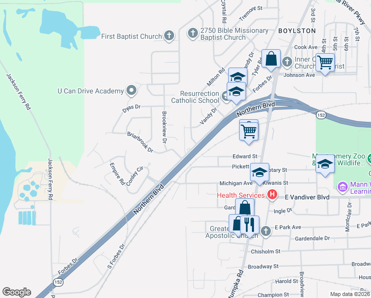 map of restaurants, bars, coffee shops, grocery stores, and more near 100 S Forbes Dr in Montgomery