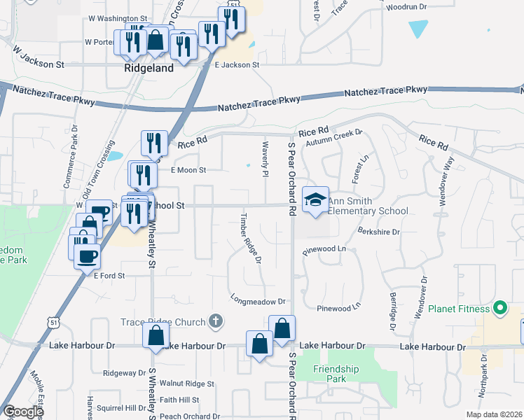 map of restaurants, bars, coffee shops, grocery stores, and more near 317 East School Street in Ridgeland