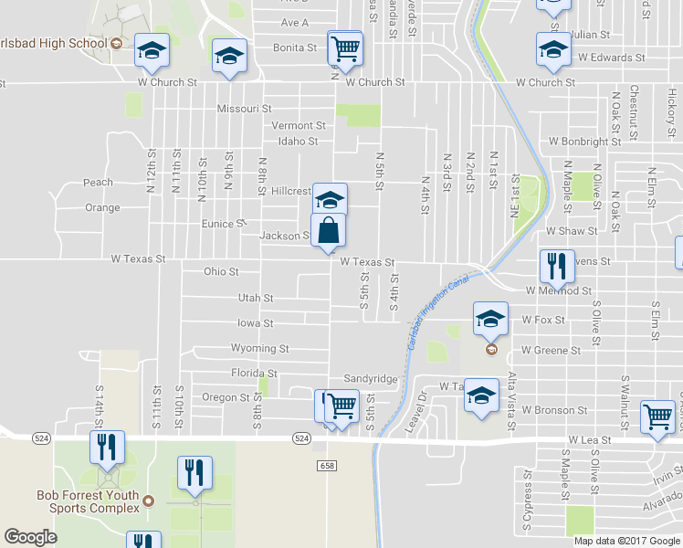 map of restaurants, bars, coffee shops, grocery stores, and more near 112 South 6th Street in Carlsbad