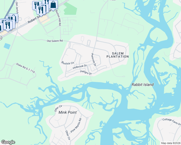 map of restaurants, bars, coffee shops, grocery stores, and more near 34 Petigru Drive in Beaufort