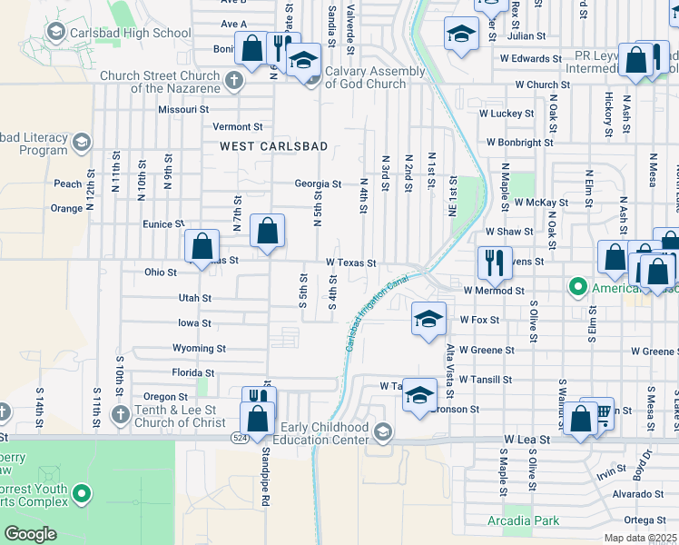 map of restaurants, bars, coffee shops, grocery stores, and more near 110 South 4th Street in Carlsbad