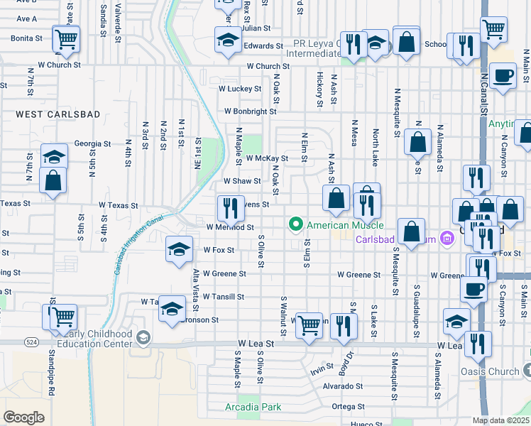 map of restaurants, bars, coffee shops, grocery stores, and more near 101-149 North Olive Street in Carlsbad