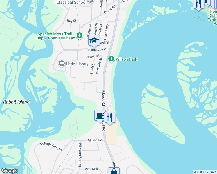 map of restaurants, bars, coffee shops, grocery stores, and more near 895 Ribaut Road in Beaufort