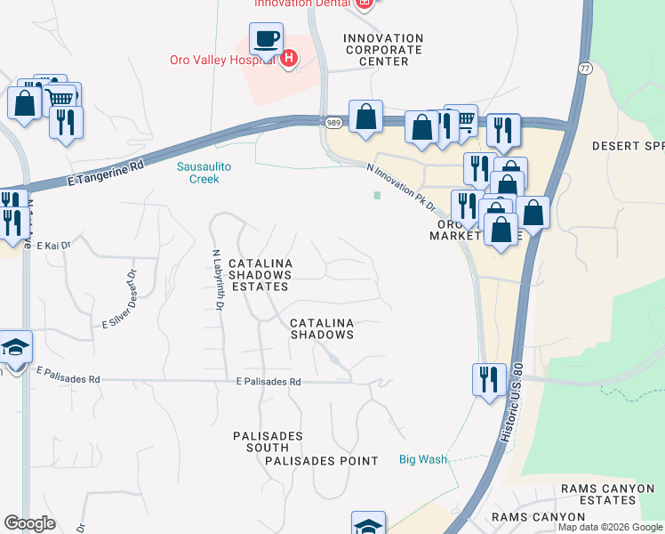 map of restaurants, bars, coffee shops, grocery stores, and more near 1779 East Starmist Place in Tucson