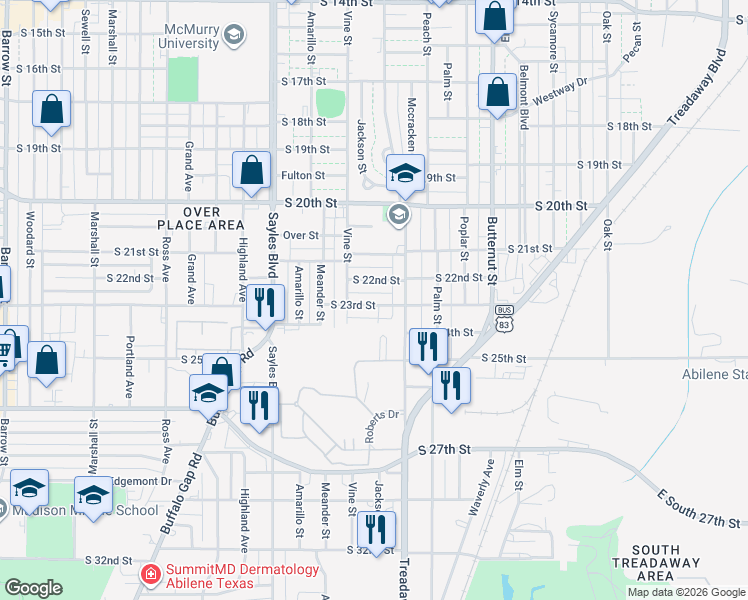 map of restaurants, bars, coffee shops, grocery stores, and more near 1702 South 23rd Street in Abilene