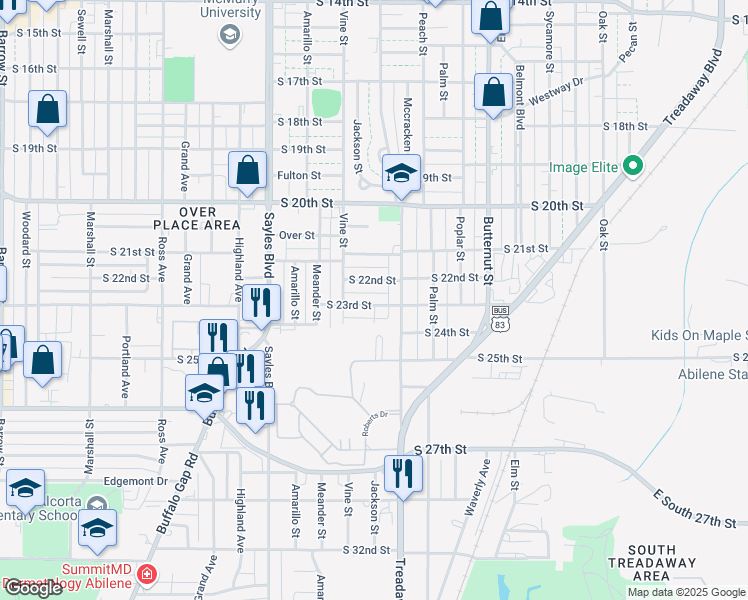 map of restaurants, bars, coffee shops, grocery stores, and more near 1642 South 23rd Street in Abilene