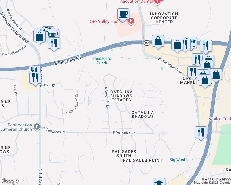 map of restaurants, bars, coffee shops, grocery stores, and more near 11845 North Cassiopeia Drive in Oro Valley
