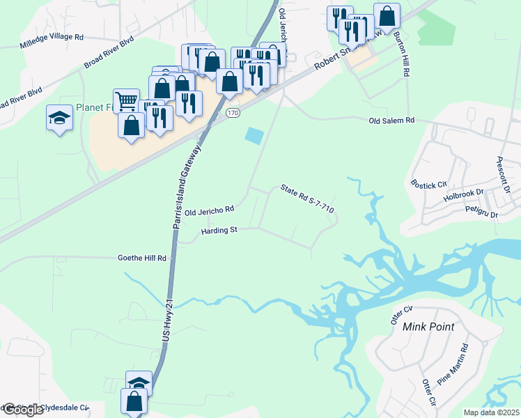 map of restaurants, bars, coffee shops, grocery stores, and more near 5 Adams Circle in Beaufort