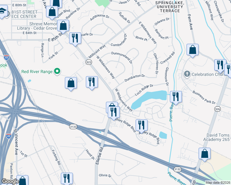 map of restaurants, bars, coffee shops, grocery stores, and more near 8722-8776 Line Avenue in Shreveport