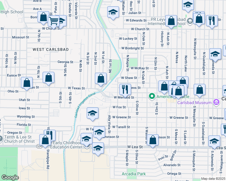 map of restaurants, bars, coffee shops, grocery stores, and more near 1502 West Mermod Street in Carlsbad