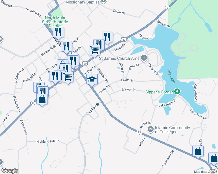map of restaurants, bars, coffee shops, grocery stores, and more near 501-599 Maple St in Tuskegee