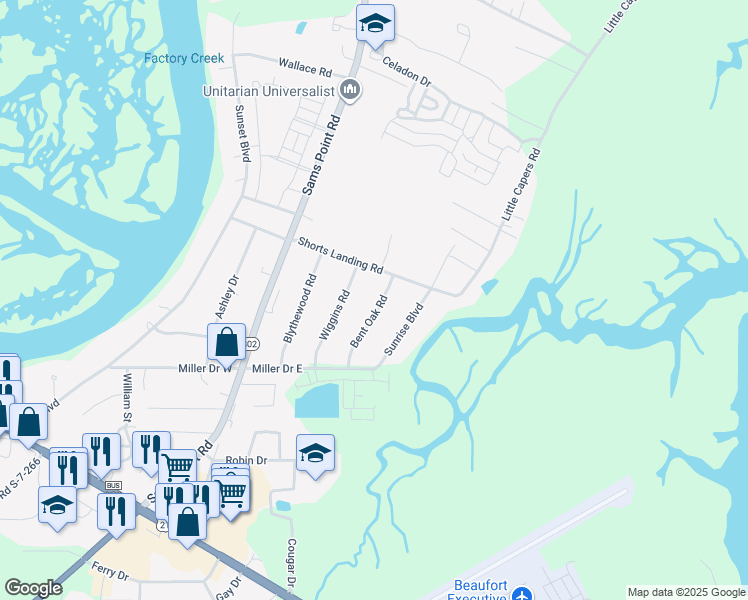 map of restaurants, bars, coffee shops, grocery stores, and more near 14 Bent Oak Road in Beaufort