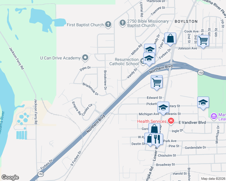map of restaurants, bars, coffee shops, grocery stores, and more near 100 S Forbes Dr in Montgomery
