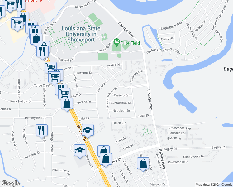 map of restaurants, bars, coffee shops, grocery stores, and more near 120 Marrero Drive in Shreveport
