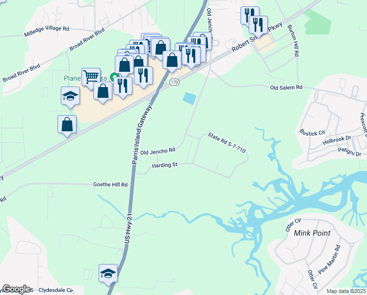 map of restaurants, bars, coffee shops, grocery stores, and more near 5 Adams Circle in Beaufort