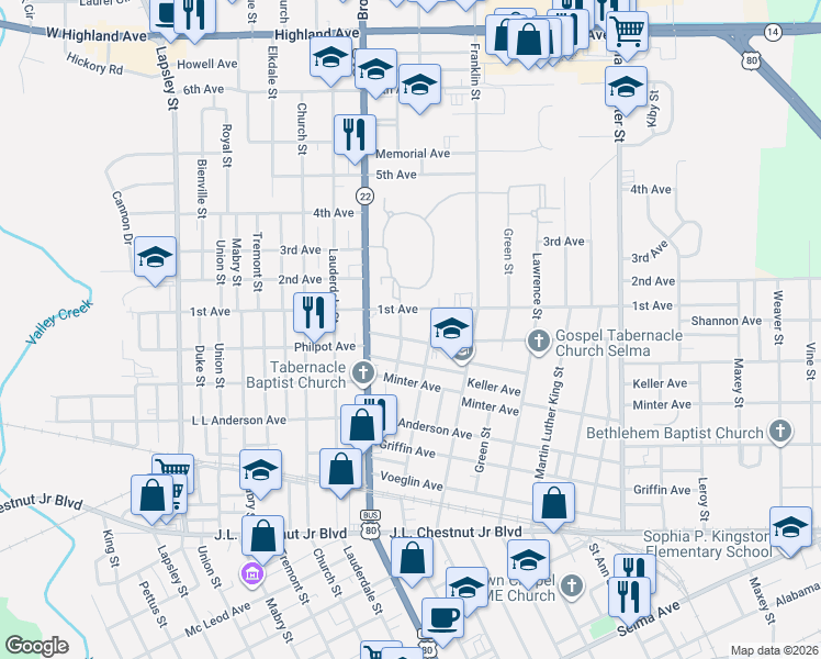 map of restaurants, bars, coffee shops, grocery stores, and more near 1530 Hayden Street in Selma