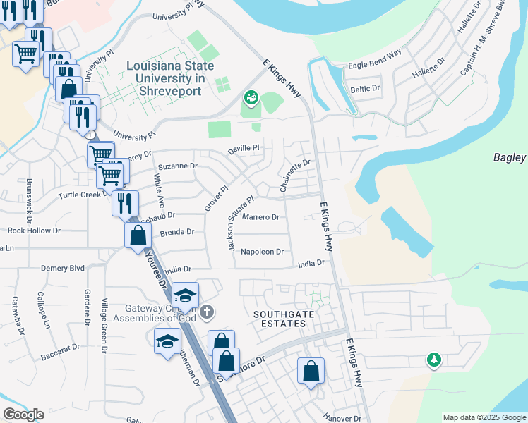 map of restaurants, bars, coffee shops, grocery stores, and more near 109 Marrero Drive in Shreveport