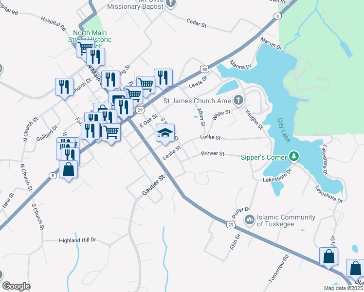 map of restaurants, bars, coffee shops, grocery stores, and more near 599 Maple Street in Tuskegee