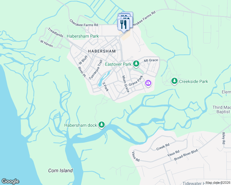 map of restaurants, bars, coffee shops, grocery stores, and more near 165 South Park in Beaufort