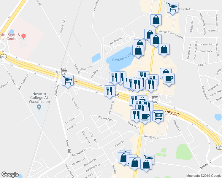 map of restaurants, bars, coffee shops, grocery stores, and more near 1103 U.S. 287 Bypass in Waxahachie