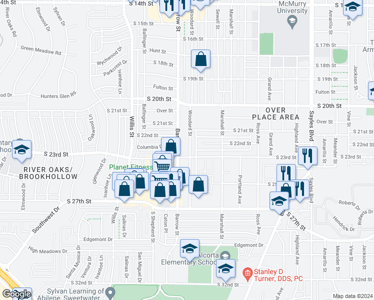 map of restaurants, bars, coffee shops, grocery stores, and more near 2234 Woodard Street in Abilene