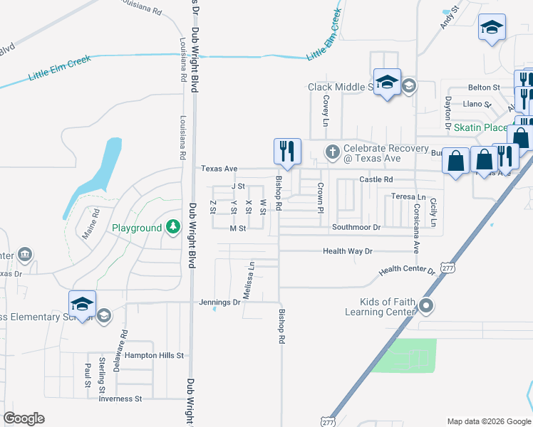 map of restaurants, bars, coffee shops, grocery stores, and more near 27 W Street in Abilene