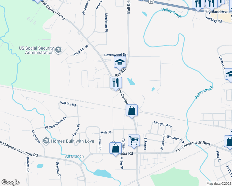 map of restaurants, bars, coffee shops, grocery stores, and more near 500 Oak Street in Selma