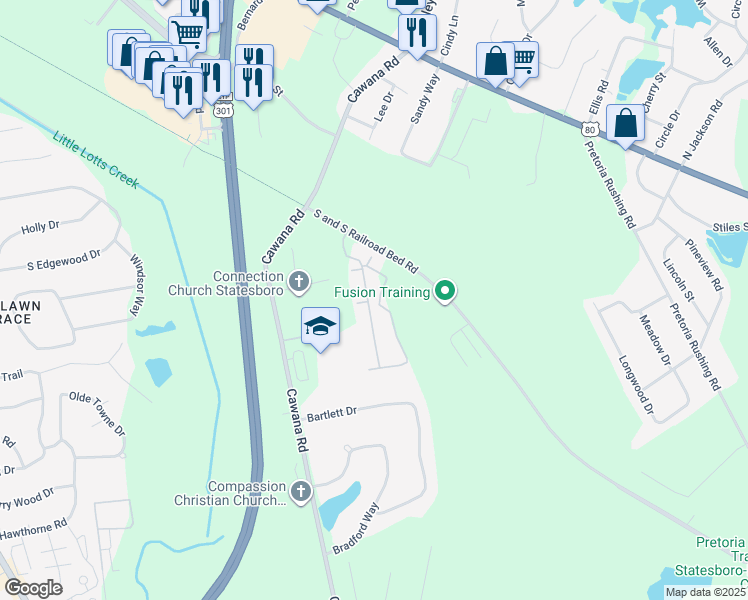 map of restaurants, bars, coffee shops, grocery stores, and more near Railroad Bed S&S Road in Statesboro