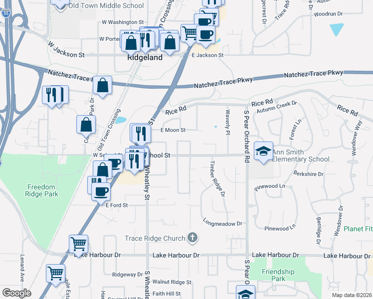 map of restaurants, bars, coffee shops, grocery stores, and more near 214 Salem Square in Ridgeland