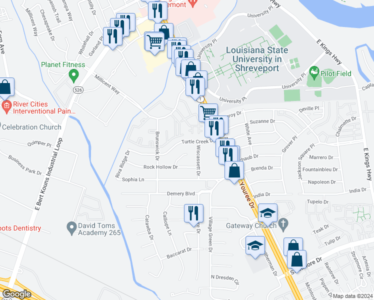 map of restaurants, bars, coffee shops, grocery stores, and more near 9300 Melissa Way in Shreveport