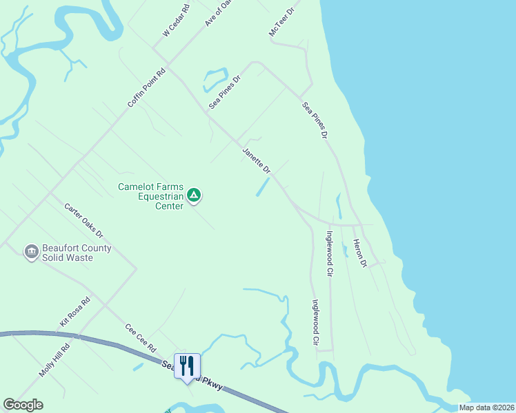 map of restaurants, bars, coffee shops, grocery stores, and more near 96 Janette Drive in Saint Helena Island