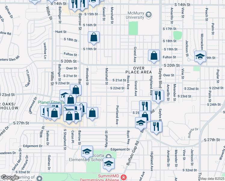 map of restaurants, bars, coffee shops, grocery stores, and more near 2618 South 22nd Street in Abilene