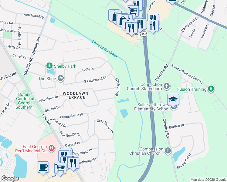 map of restaurants, bars, coffee shops, grocery stores, and more near 109 Dumbarton Drive in Statesboro