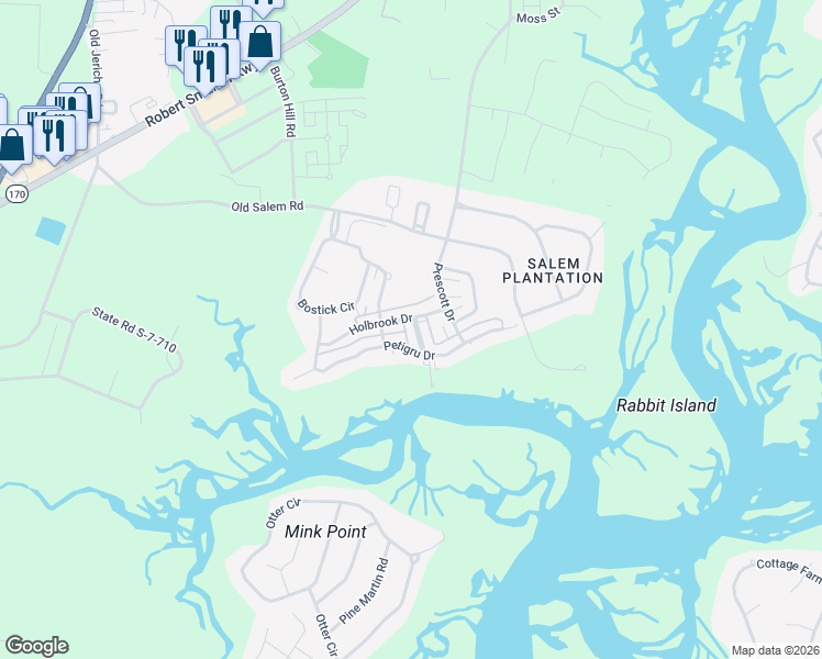 map of restaurants, bars, coffee shops, grocery stores, and more near 106 Bryan Drive in Beaufort