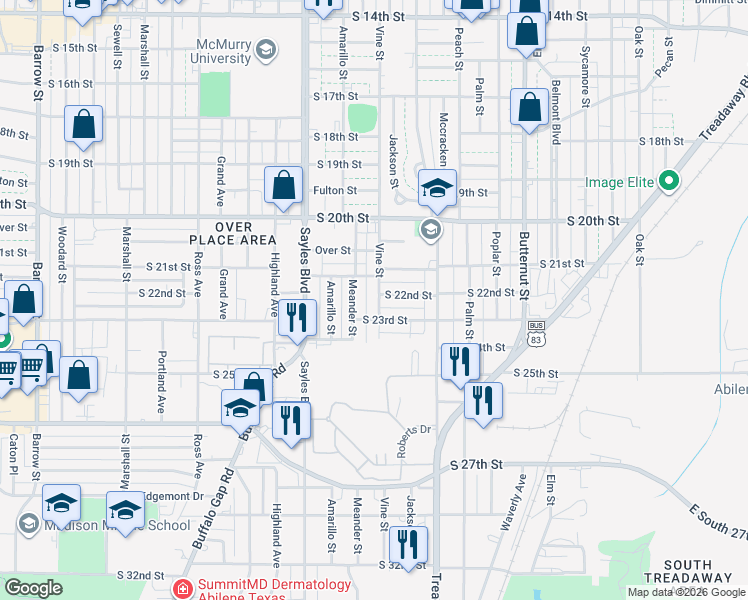 map of restaurants, bars, coffee shops, grocery stores, and more near 2101 Meander Street in Abilene
