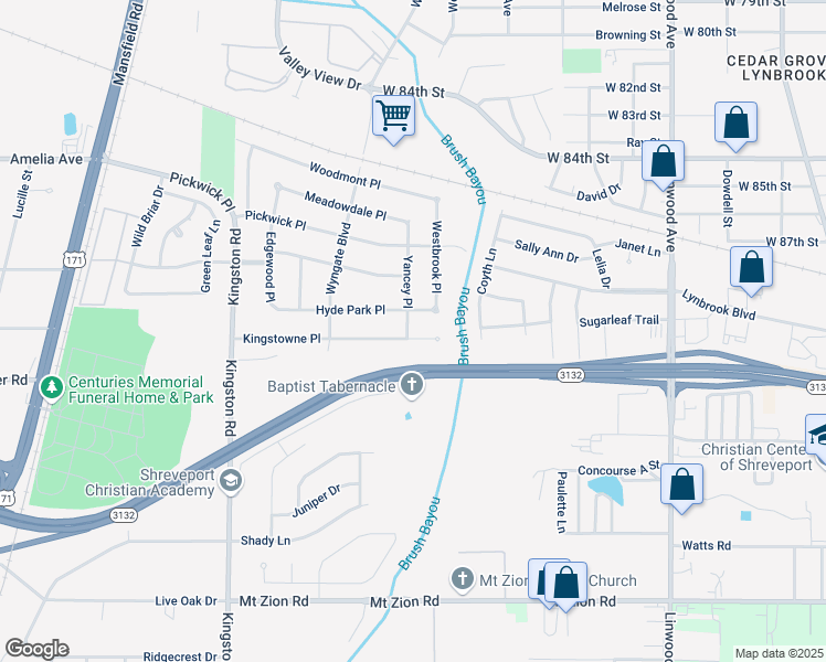 map of restaurants, bars, coffee shops, grocery stores, and more near 604 Hyde Park Place in Shreveport