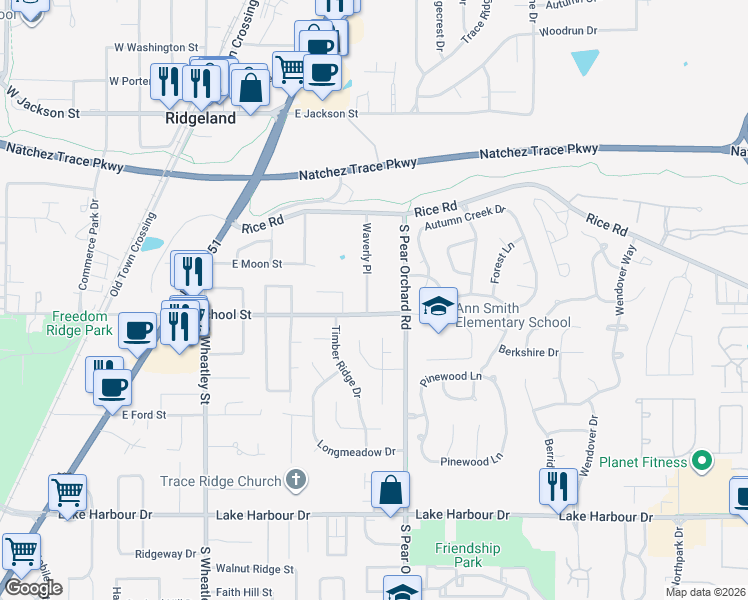map of restaurants, bars, coffee shops, grocery stores, and more near 202 Waverly Place in Ridgeland