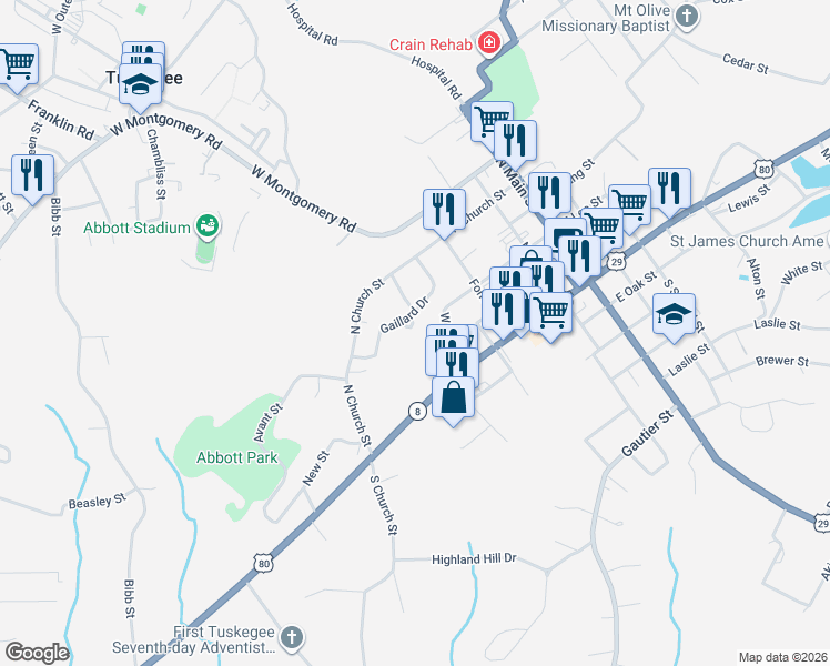 map of restaurants, bars, coffee shops, grocery stores, and more near 722-898 Gaillard Drive in Tuskegee