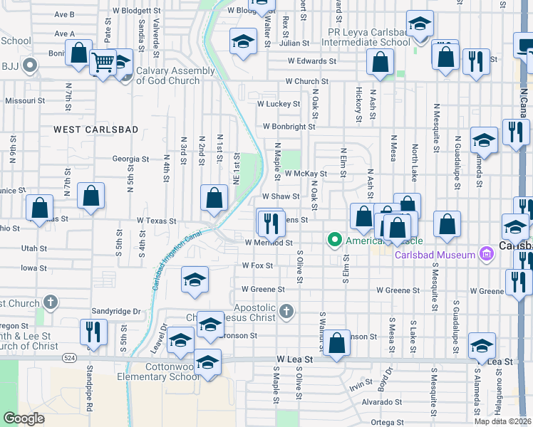 map of restaurants, bars, coffee shops, grocery stores, and more near 211 N Maple St in Carlsbad