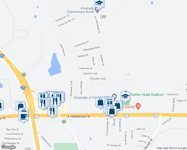 map of restaurants, bars, coffee shops, grocery stores, and more near 123 Apache Trail in Alvarado