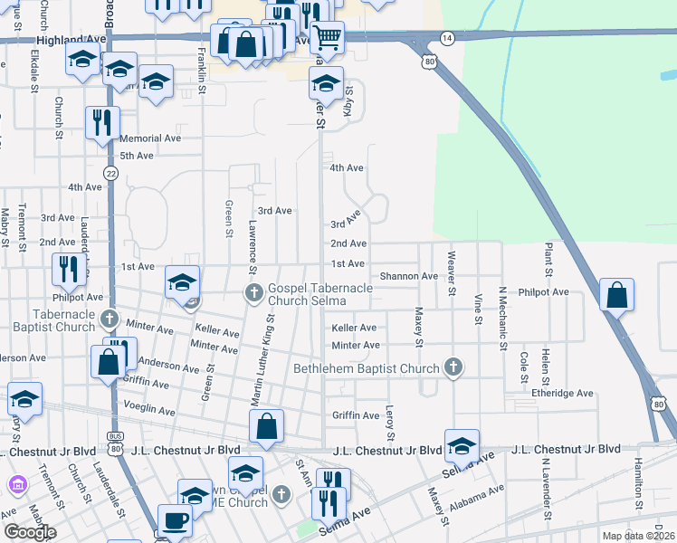 map of restaurants, bars, coffee shops, grocery stores, and more near 1913 1st Ave in Selma