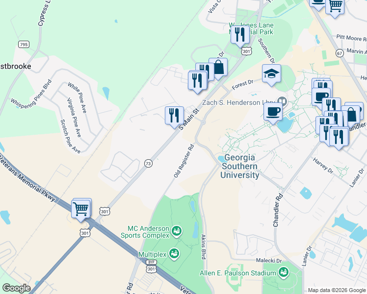 map of restaurants, bars, coffee shops, grocery stores, and more near 808 South Main Street in Statesboro