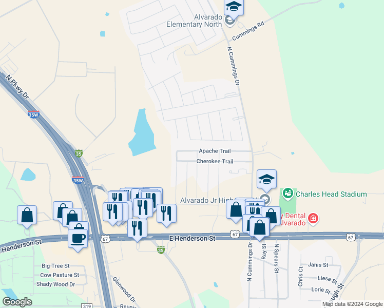 map of restaurants, bars, coffee shops, grocery stores, and more near 303 Apache Trail in Alvarado