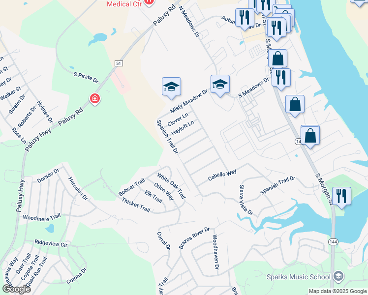 map of restaurants, bars, coffee shops, grocery stores, and more near 1520 Berry Patch Lane in Granbury